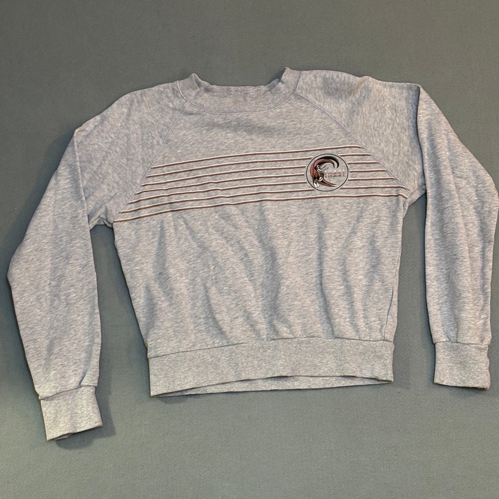 ONeill Womens Gray Striped Graphic Pullover Sweatshirt XS Surf Beach Y2K